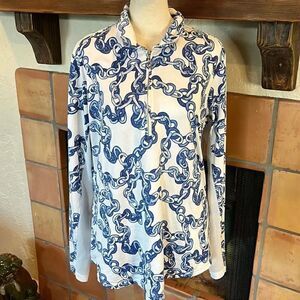 SanSoleil blue and white chainlink UPF 50+ sun protection 1/4 zip top, L!